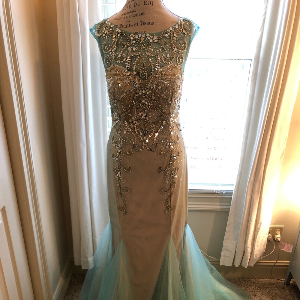 Beautiful teal and gold mermaid prom dress